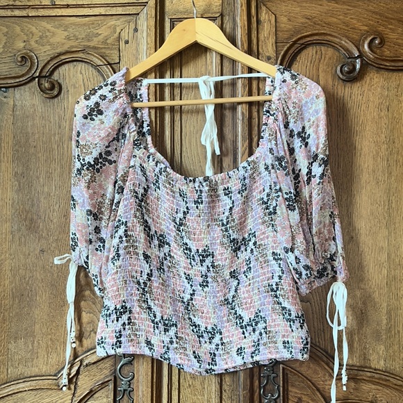 Free People Back On Top Crop Smocked Shirt Blouse Soft Combo Puff Sleeve - Picture 8 of 15